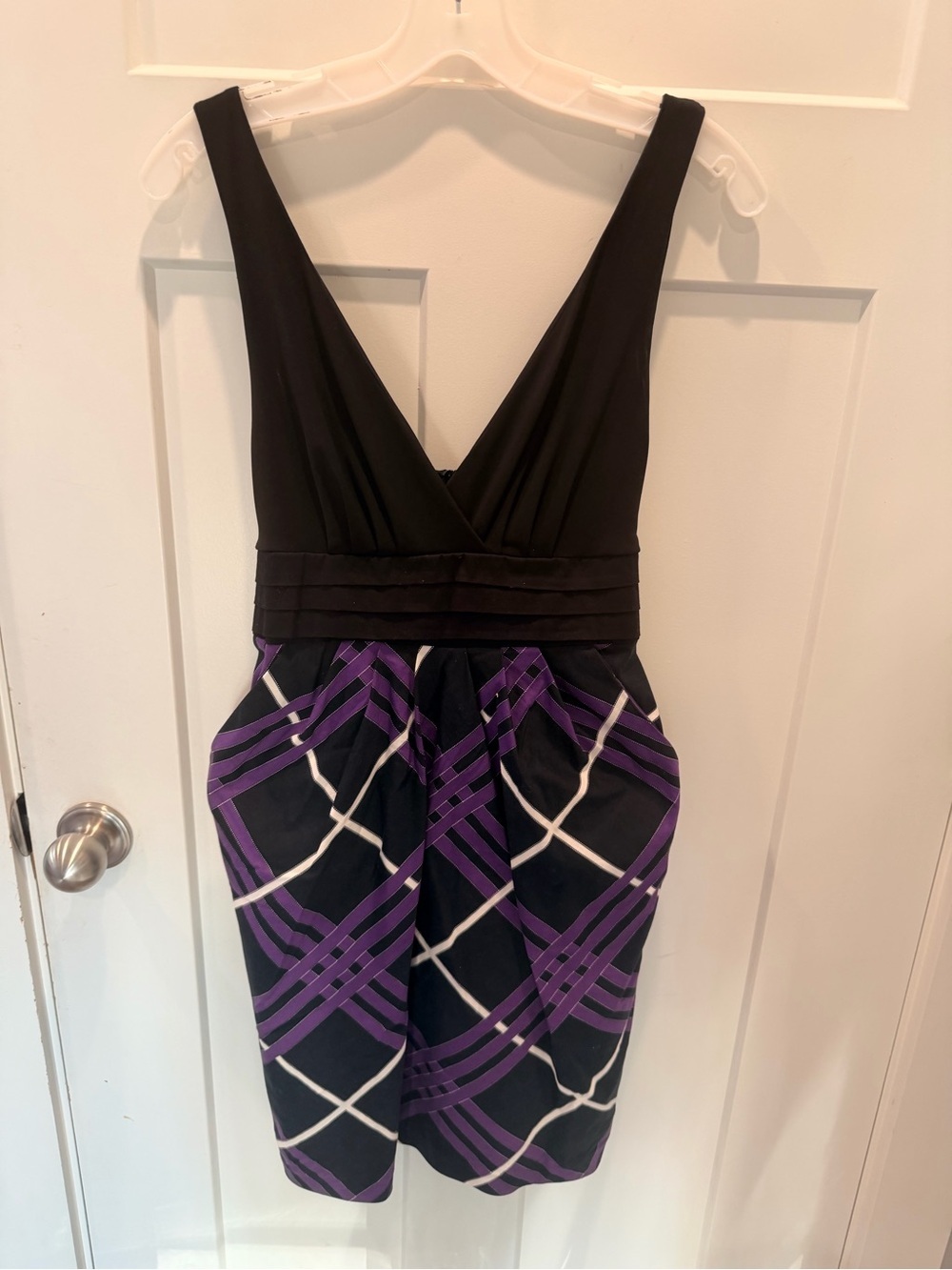 A. Byer Black Purple Plaid V Neck Fit & Flare Dress Sz 13